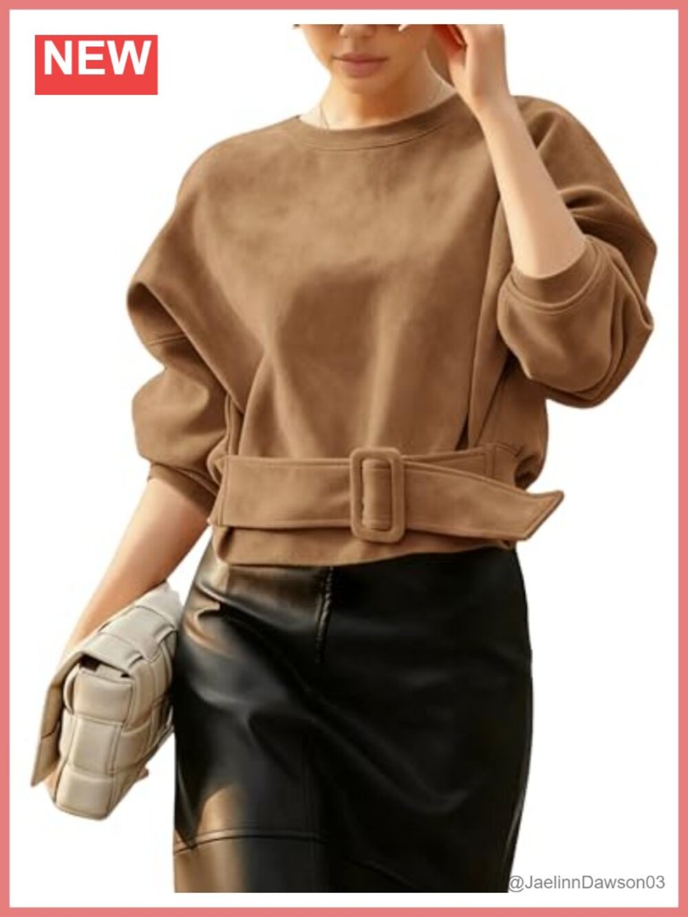 Faux Suede Cropped Pullover Sweatshirt Belted Crewneck Oversized Loose